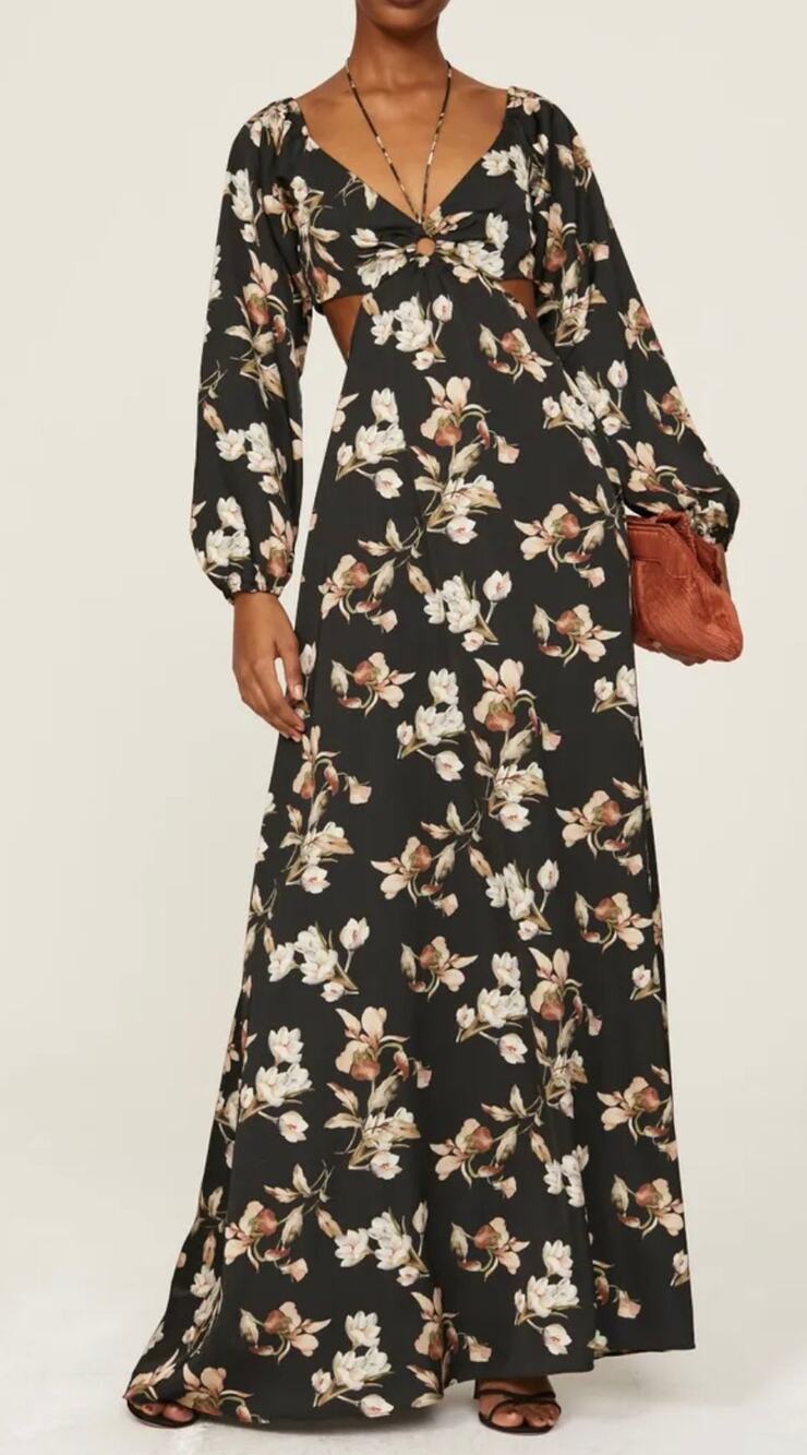 Sachin and Babi Maxi Dress Cassandra Black Satin Floral Long Sleeve